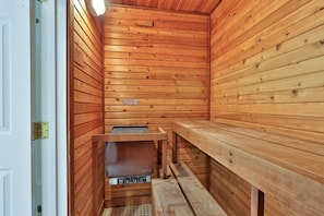 A wooden sauna with benches and a bench seat.