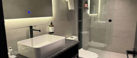 A modern bathroom with a large white sink, a glass shower enclosure, and a toilet.