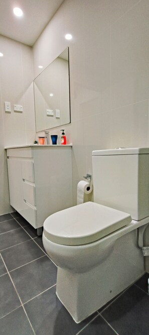 Douche, sĂšche-cheveux, serviettes fournies, papier toilette