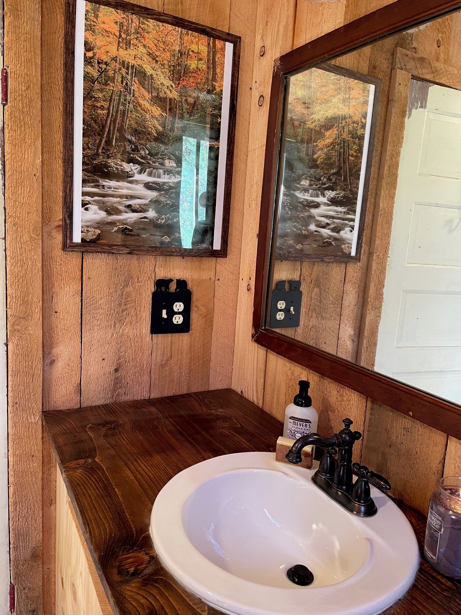 A wooden bathroom with a white sink, a mirror, and framed pictures of a forest.