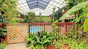 A greenhouse with a glass ceiling, various plants, and a pool area. - Stay Salty @ Nautilus Galleria | Heated Pool (Corpus Christi)