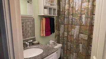 Hair dryer, towels, soap, toilet paper