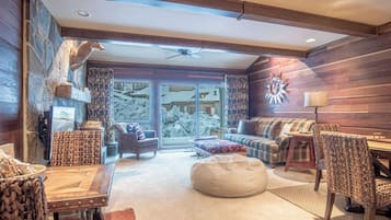 Smart TV, fireplace, books