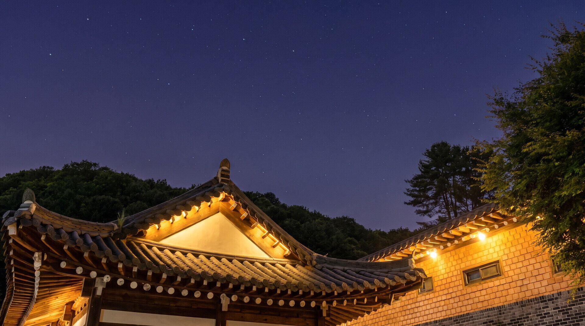 A traditional building with a tiled roof and wooden structure, surrounded by trees and a night sky with stars.