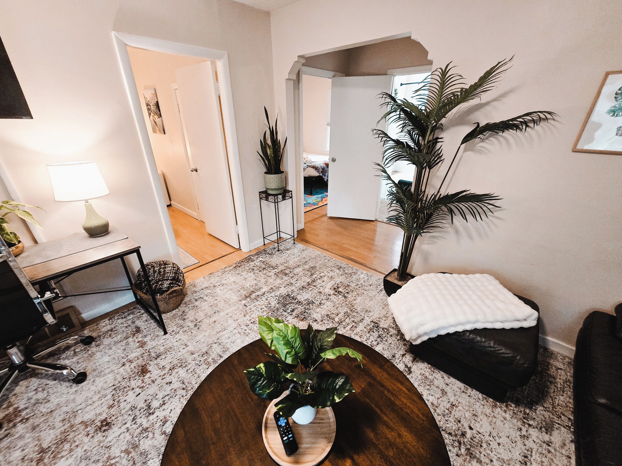A living room with a round coffee table, a potted plant, a sofa, and a lamp.
