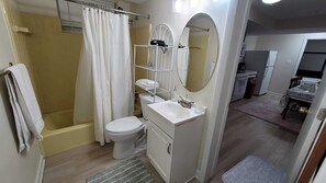 Hair dryer, towels, soap, toilet paper