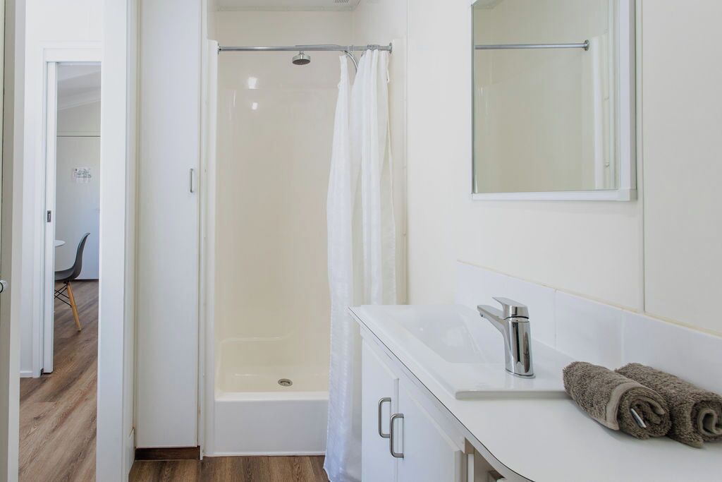 A modern bathroom with a shower, a sink, and a mirror.