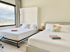 1 bedroom, desk, iron/ironing board, travel cot