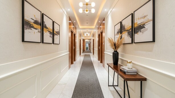 A hotel hallway with framed artwork on the walls, a central carpeted walkway, and a table with books and a vase. - FabHotel Prime The Vintage Inn - Hosur Road (Bengaluru)