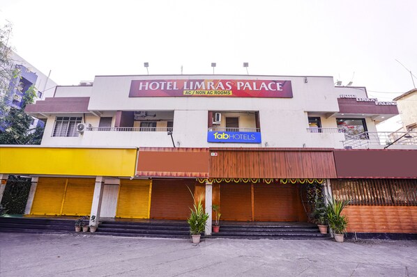 A hotel named Hotel Limras Palace with AC and non-AC rooms, a facade with yellow and brown shutters, and potted plants at the entrance.