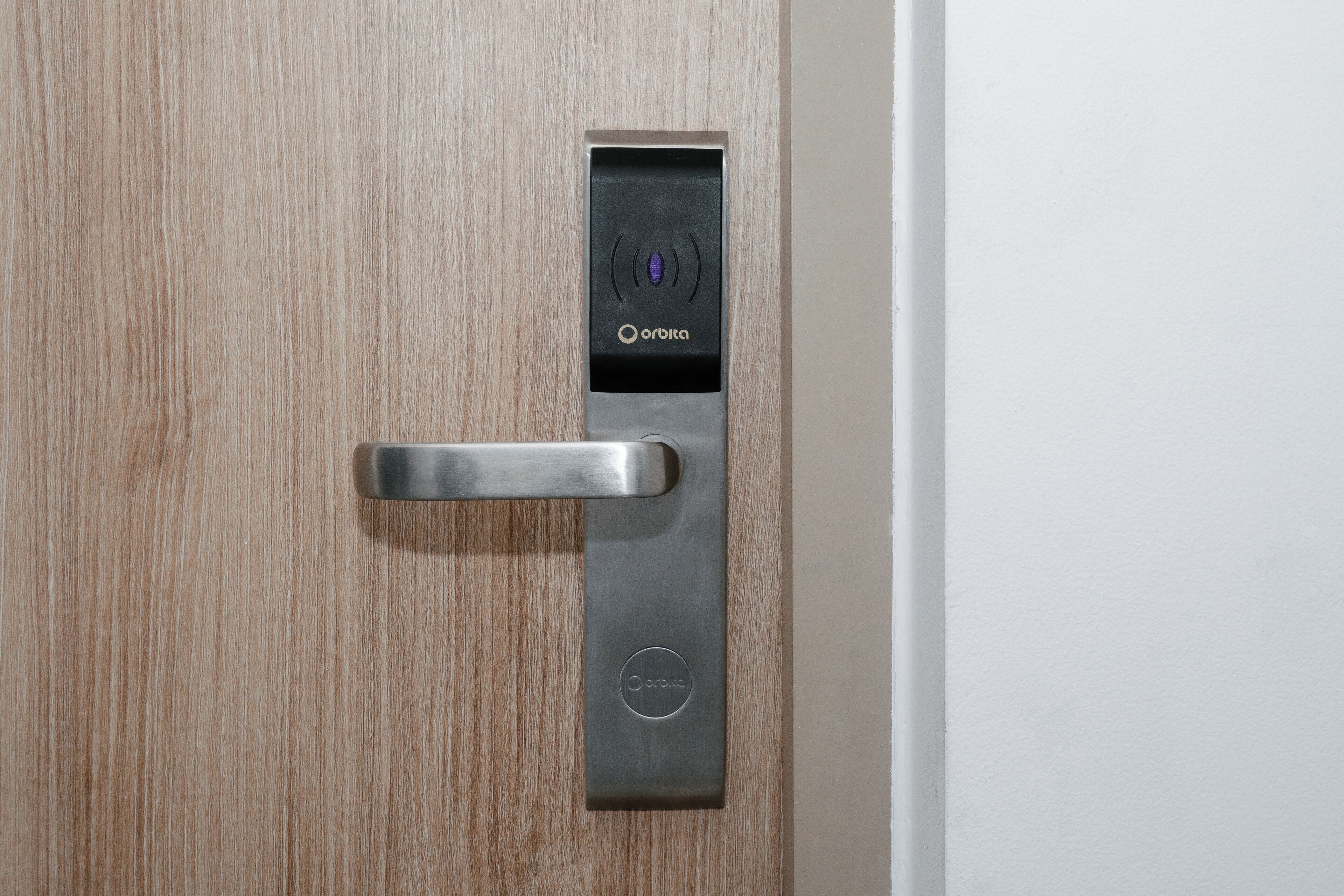 A modern door with a biometric fingerprint scanner and a keyhole.