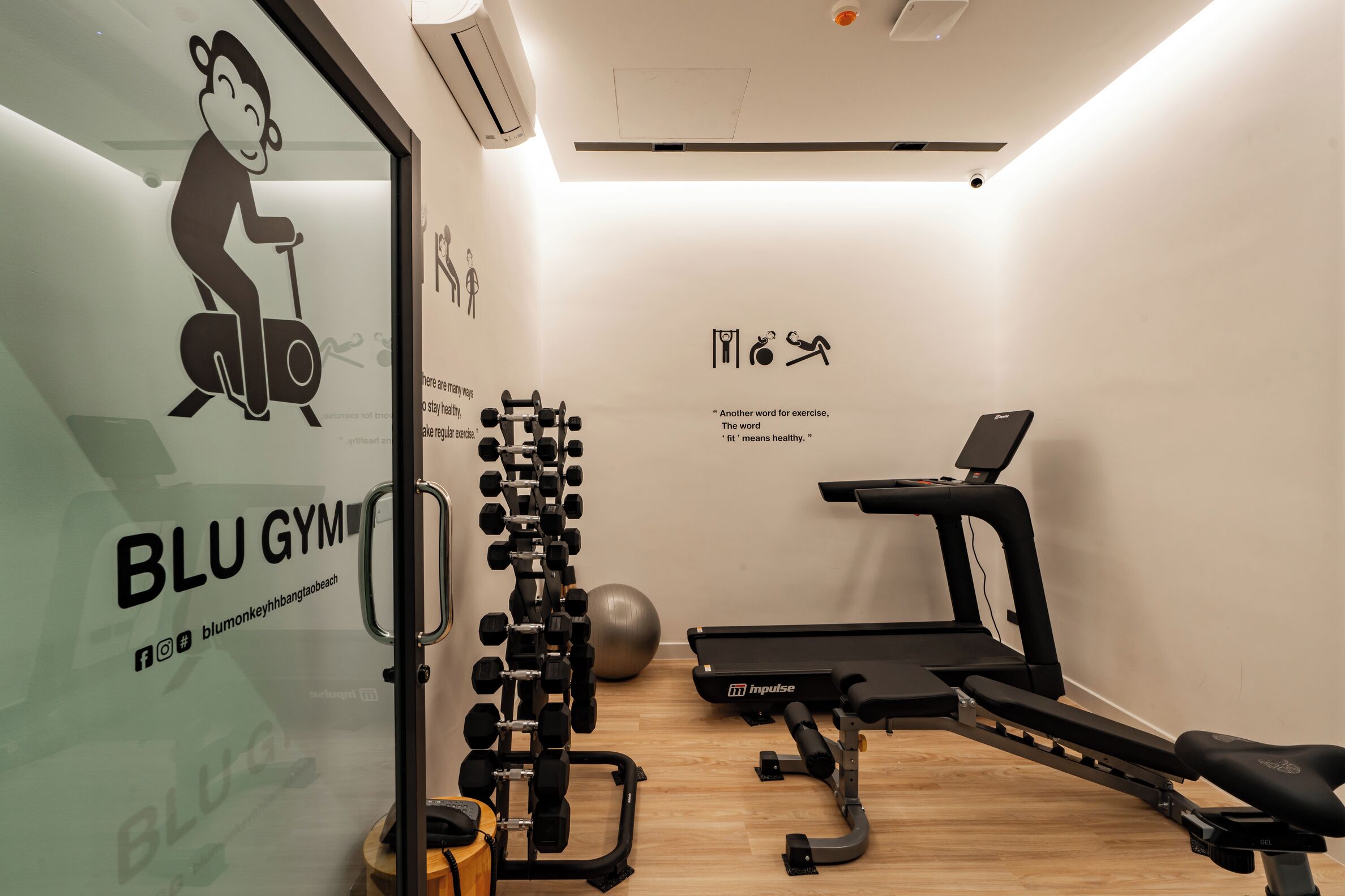A gym with a treadmill, dumbbells, and a yoga ball.