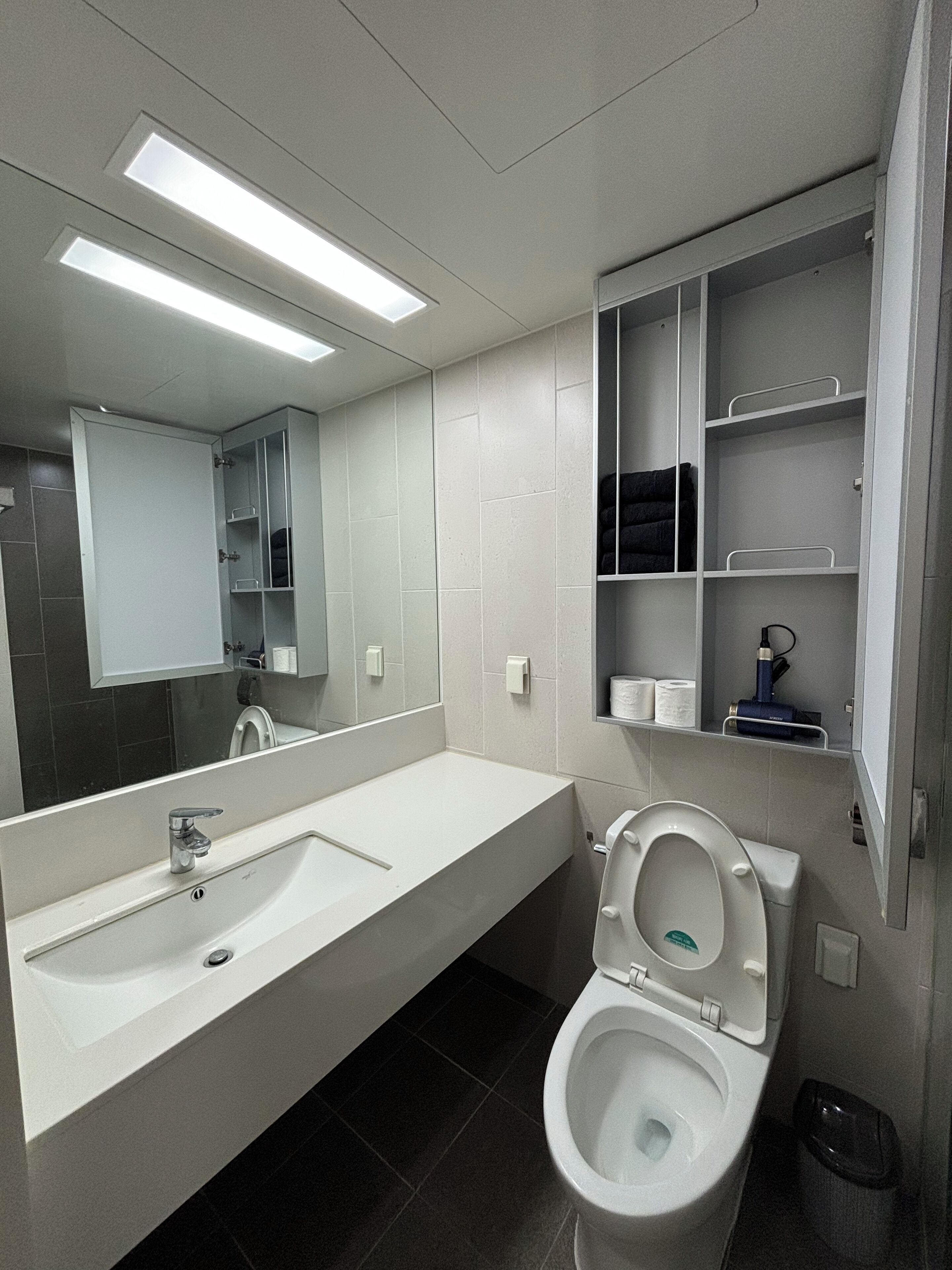 A modern bathroom with a large mirror, a sink, a toilet, and a shelf with toiletries.