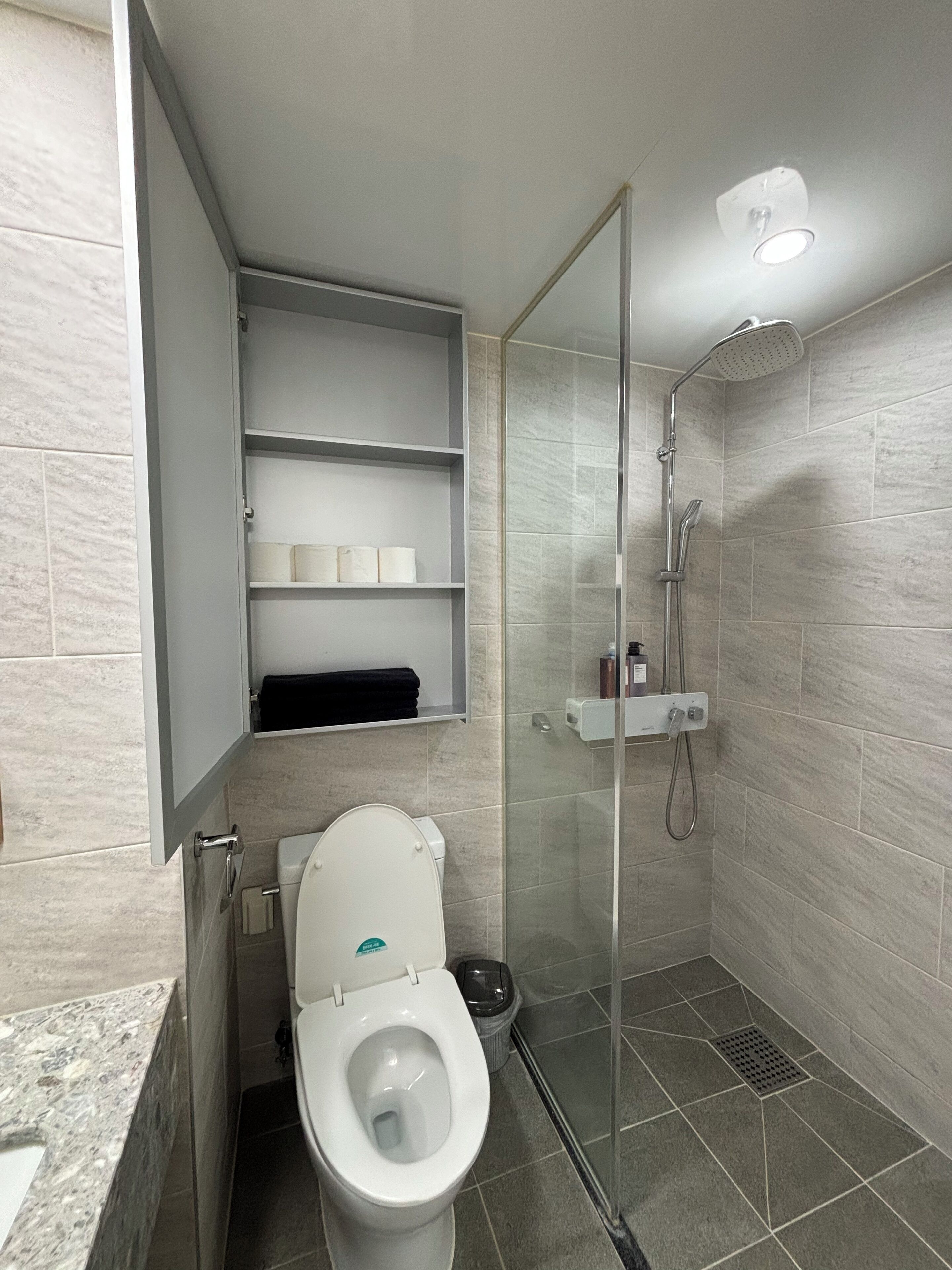 A modern bathroom with a toilet, a glass-enclosed shower, and a shelf with toiletries.