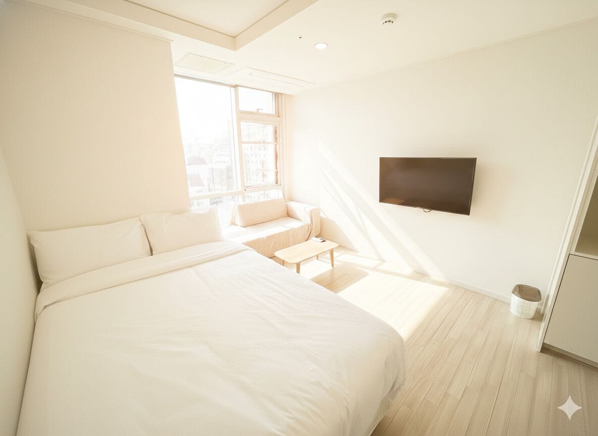 A modern hotel room with a large bed, a flat-screen TV mounted on the wall, a small seating area with a sofa and a table, and a large window providing natural light.