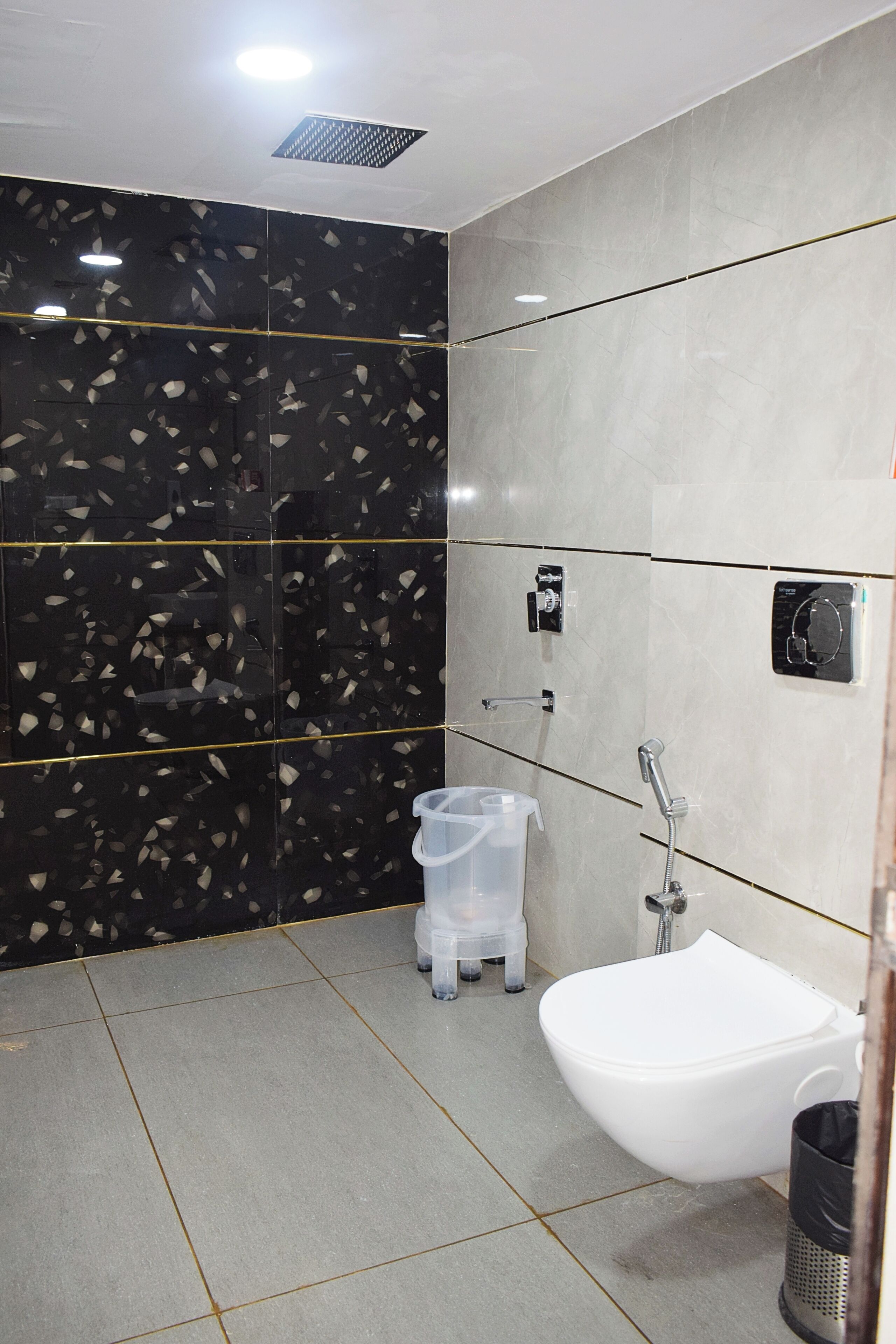 A bathroom with a toilet, bidet, and shower.