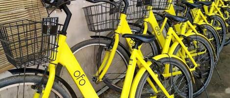 A row of yellow electric bikes with baskets, parked in front of a building.