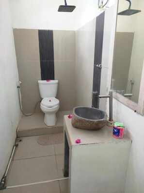 Chuveiro, toalhas de banho, papel higiênico 