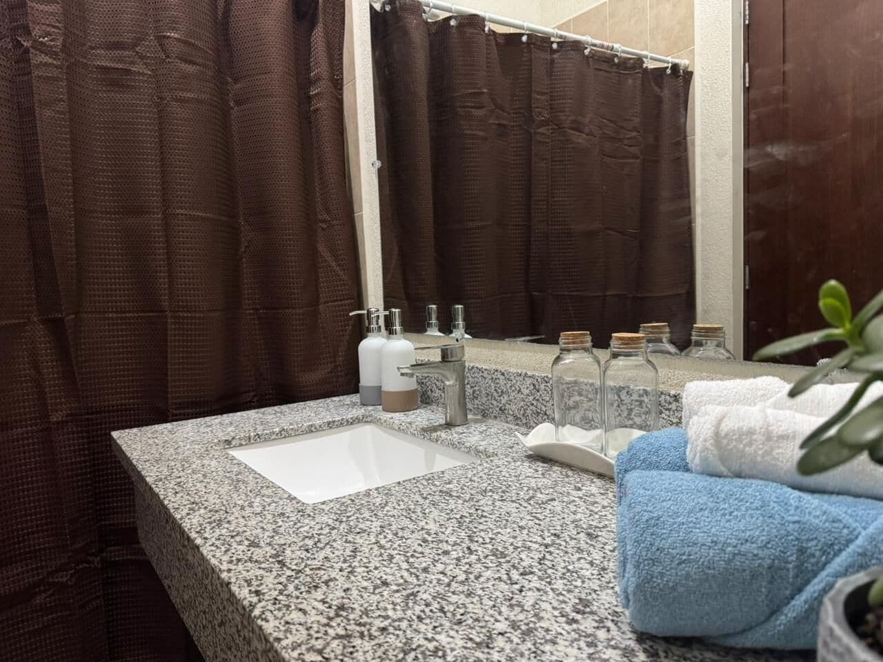 Hair dryer, towels, soap, toilet paper