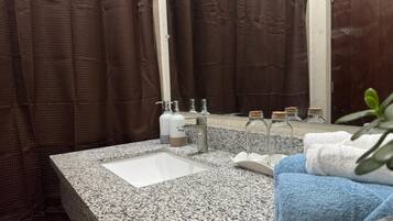 Hair dryer, towels, soap, toilet paper