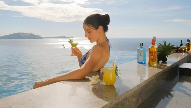 A person relaxing by a poolside with a drink, overlooking a body of water and distant land.