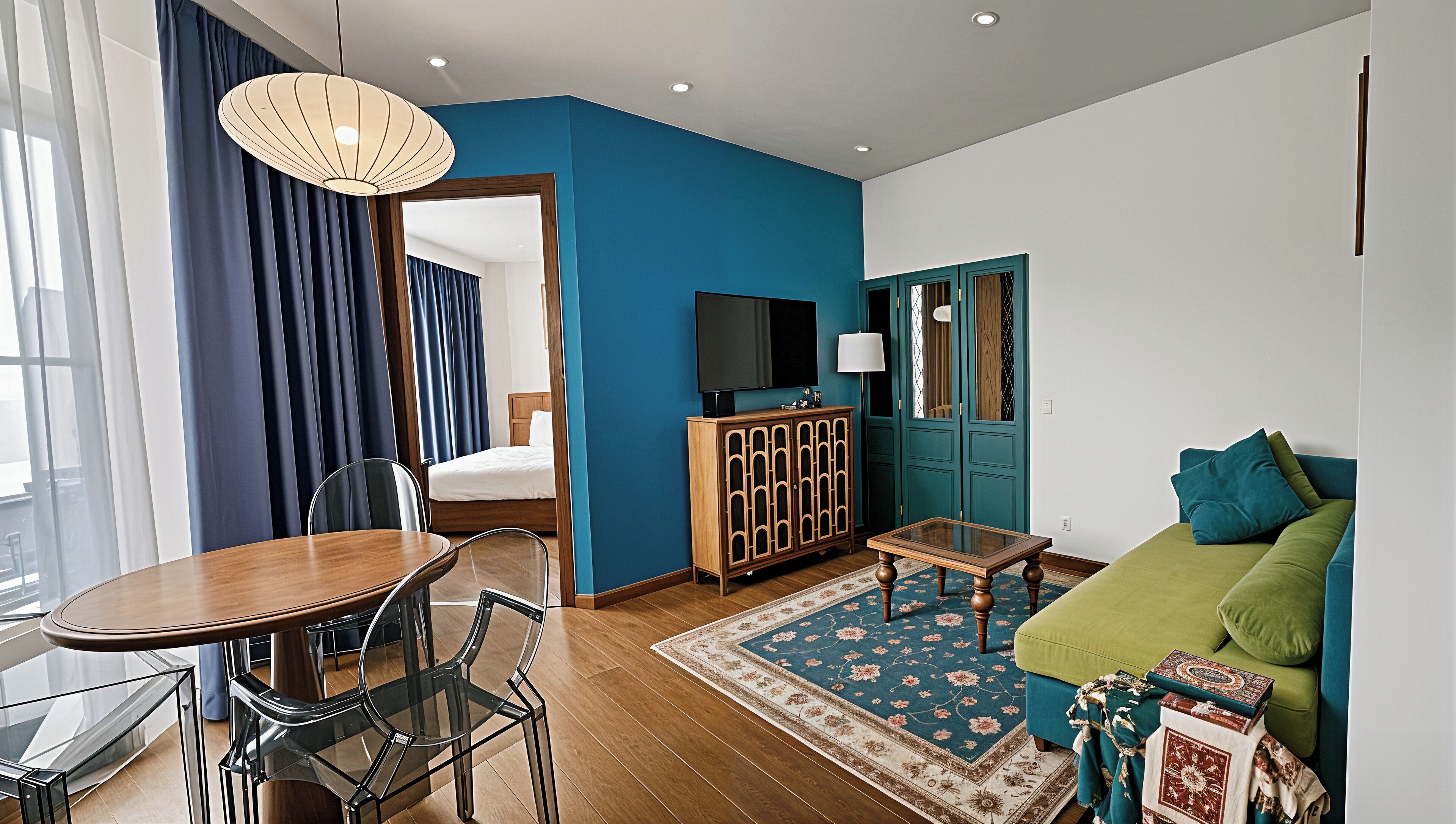 Departamento de lujo, 2 habitaciones, balcón, vista al jardín | Artículos del minibar gratis y caja de seguridad en la habitación 