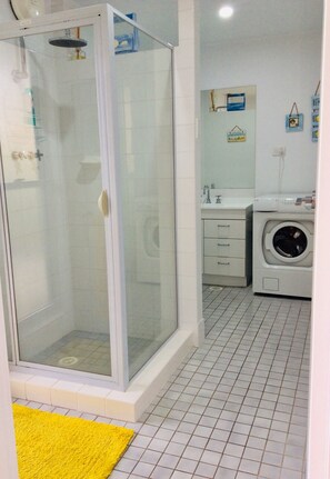 Hair dryer, towels, soap, shampoo