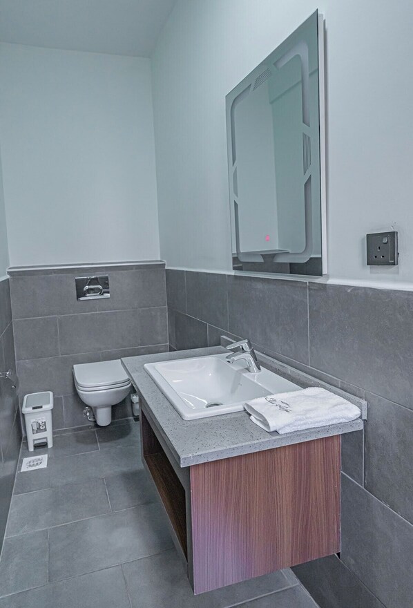 A modern bathroom with a large sink, a toilet, and a mirror.