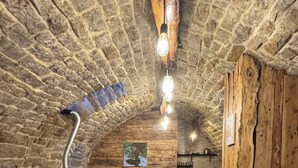 A cozy, rustic room with a stone ceiling, wooden walls, and a sofa.