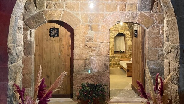 An arched stone doorway leading to a room with a wooden door and a small plant in the center.