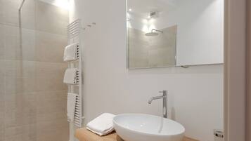 A modern bathroom with a glass shower enclosure, a white sink, and a mirror above the sink.
