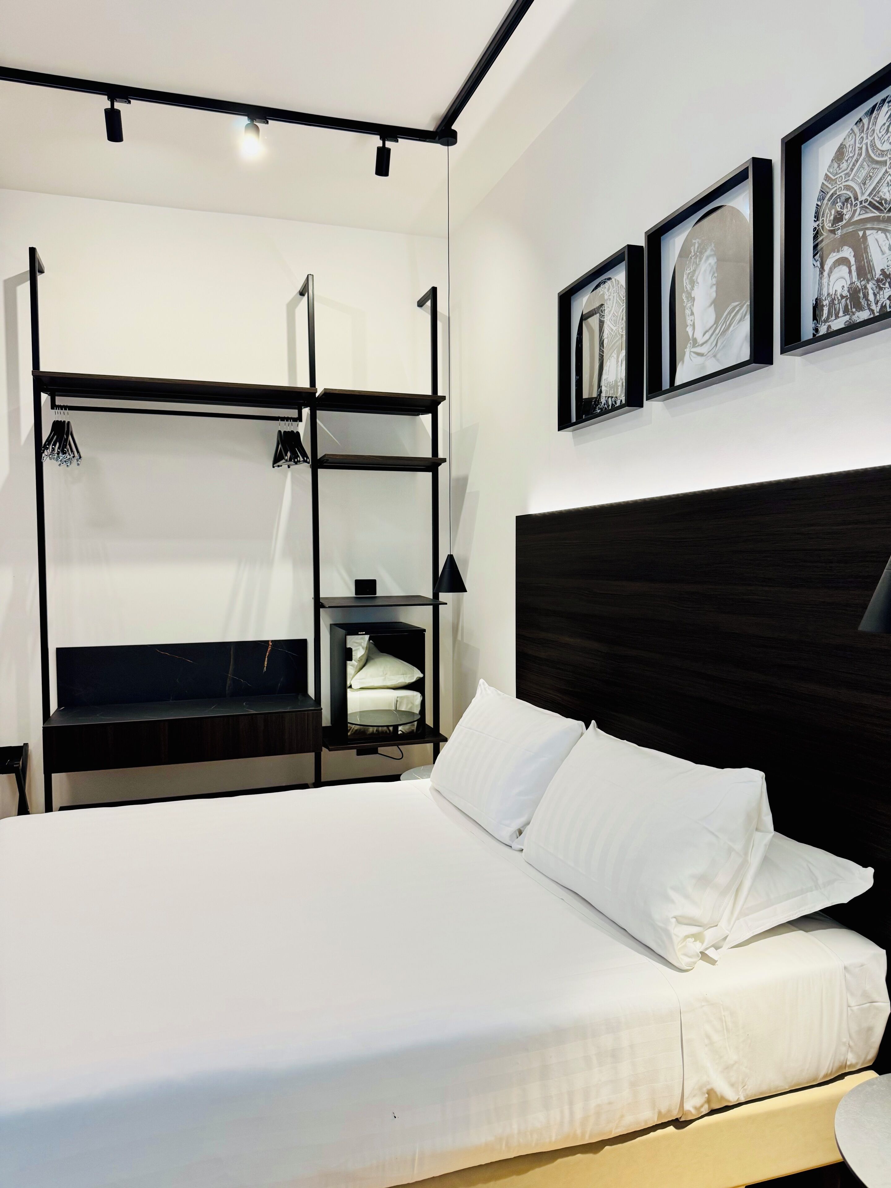 A modern hotel room with a large bed, a built-in wardrobe, and a bedside table.