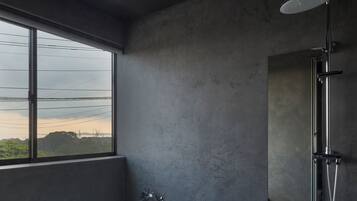 Hair dryer, towels, soap, toilet paper