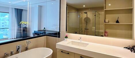 Hydromassage showerhead, designer toiletries, hair dryer, soap