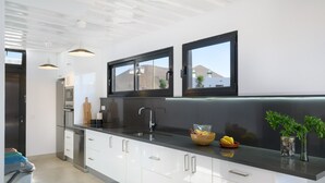 Eine moderne Küche mit weißen Schränken, Edelstahlgeräten und einer schwarzen Arbeitsplatte. Über der Spüle befinden sich zwei Fenster und auf der Arbeitsplatte steht eine Pflanze.