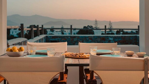A dining table set with plates, glasses, and a bowl of lemons. The table is positioned near a window overlooking a scenic view of mountains and a body of water.