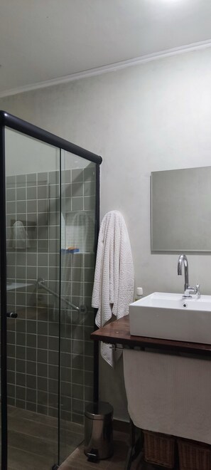 Regadera, secadora de cabello, toallas, jabón 