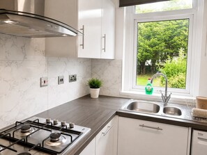 Eine moderne Küche mit Gasherd, Edelstahlspüle und einem Fenster mit Blick auf Grünflächen.