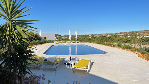 Une piscine avec des chaises longues et une terrasse en pierre.
