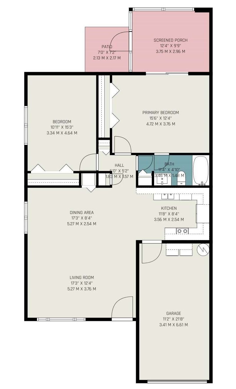 A floor plan with a bedroom, living room, dining area, kitchen, bathroom, garage, patio, and screened porch.