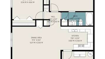A floor plan with a bedroom, living room, dining area, kitchen, bathroom, garage, patio, and screened porch.