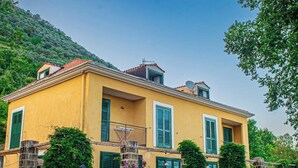 Un edificio amarillo con contraventanas verdes, una escalera de piedra y un patio cubierto de césped.