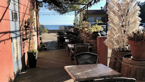 Un patio exterior con mobiliario de mimbre, plantas en macetas y vista al mar.