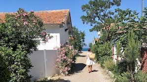 Un sendero estrecho y pavimentado que conduce a una playa, bordeado por edificios con tejados de tejas y abundante vegetación.