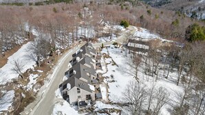 Un quartier résidentiel avec des maisons, une route et un paysage enneigé.