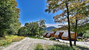 Un chalet rustique, accessible par un sentier de terre, entouré d’arbres et avec une montagne en arrière-plan.