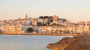 Un pueblo costero con edificios a lo largo del agua, costas rocosas y un edificio destacado con una torre.