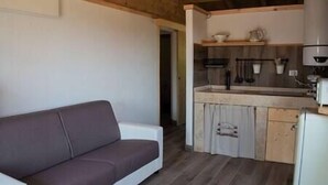 Ein gemütlicher, kleiner Wohnbereich mit einer Couch, einer Küchenzeile und einer Holzbalkendecke.