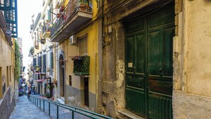 A narrow street with stone pavement, green railings, and buildings with balconies and shutters. - Montesanto Apartment by Wonderful ltaly (Naples)