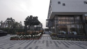 Un edificio moderno con fachada de vidrio, un sendero pavimentado y plantas en macetas.